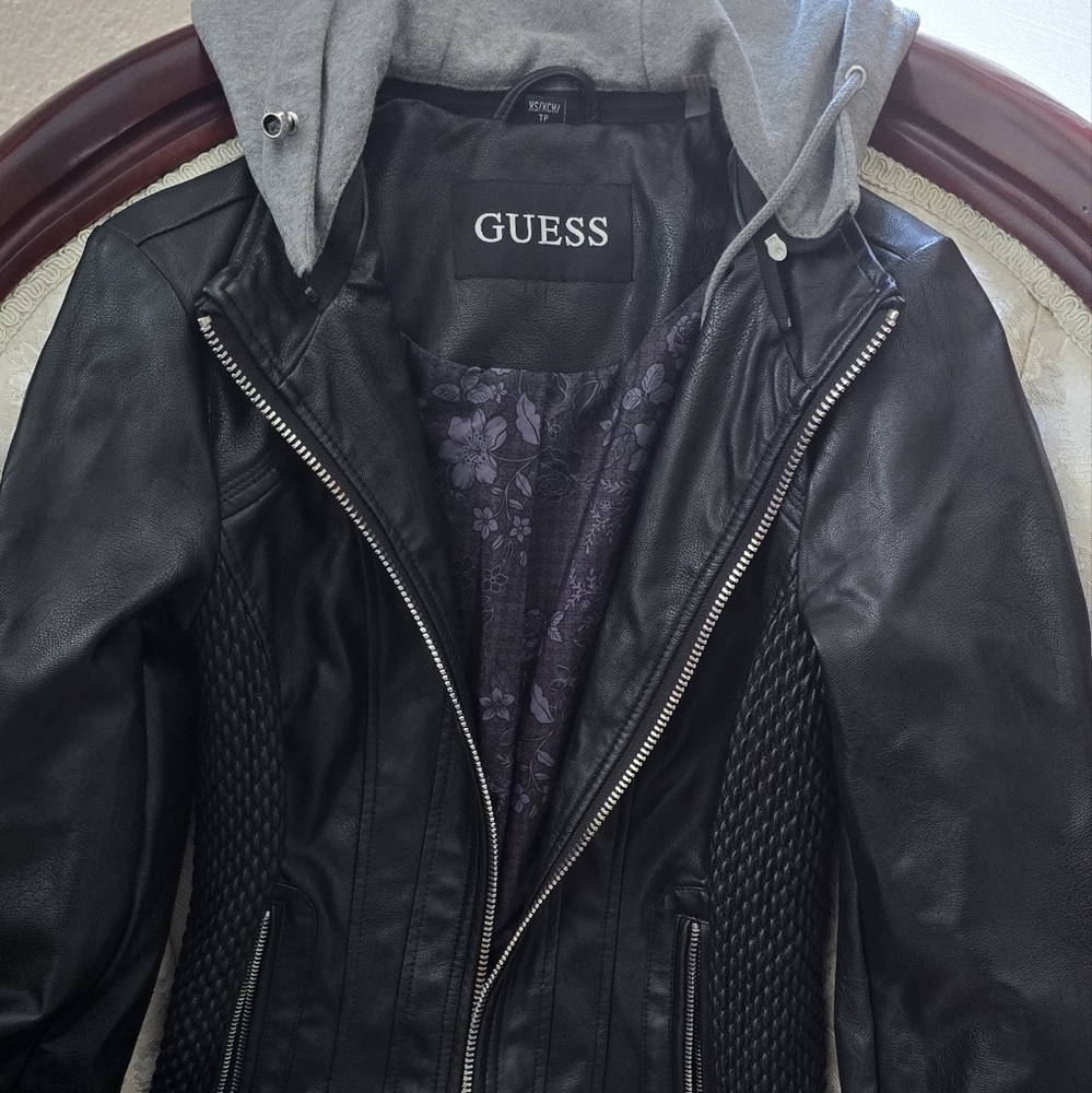 Guess Black Leather Jacket with Gray Hood